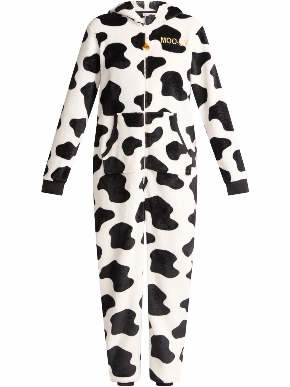 Holiday Time Cow-Print Plush Hooded Jumpsuit - Black & White - Picture 3 of 4